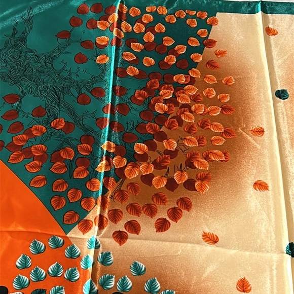 2245- Tree Print Silk-Feel Square Scarf Orange Green Teal 100% Polyester NWT - Picture 9 of 10